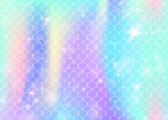Princess mermaid background with kawaii rainbow scales pattern. Fish tail banner with magic sparkles and stars. Sea fantasy invitation for girlie party. Iridescent princess mermaid backdrop.