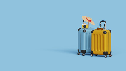 Time to travel concept. Vacation and travel concept on blue background with suitcases and travel accessories. Copy space for text inscription. 3d illustration