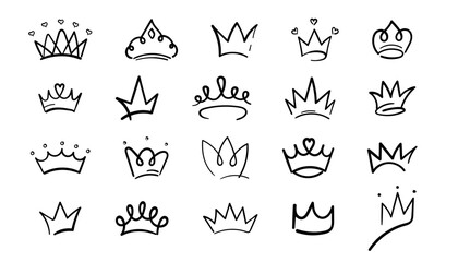 Set of doodle hand drawn Crown logo graffiti icon. Simple Line pop art element, beauty and fashion shopping concept. Vector  illustration isolated on white background