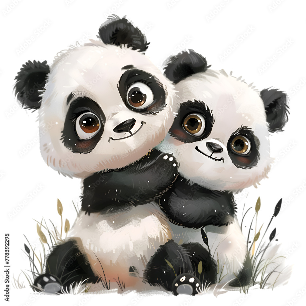 Aufkleber two baby pandas hugging each other. the scene is warm and affectionate. the idea behind the image is