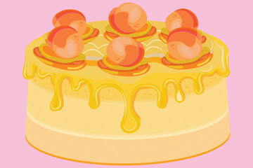 Apricot flavored cake. apricot cake made from pastry dough with sweet fruits and creamy filling with cut out parts vector illustration