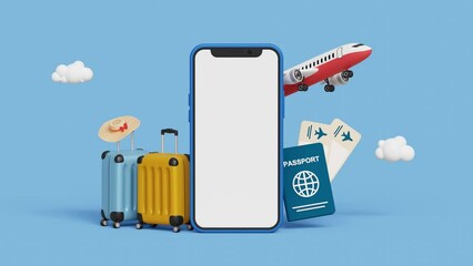 Trip planning, tourism, world tour. Online ticket booking service. Book vacation destinations on mobile application. Smartphone with airplane, suitcases, passport and travel accessories. 3D animation