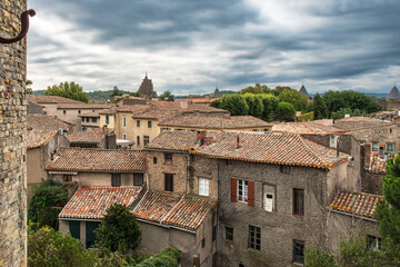 Panorama of the houses in the town of Carcassonne in the south of France

