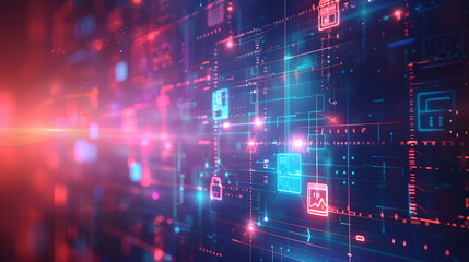 Abstract digital background with glowing data and social media icons on dark blue