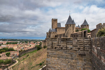 Fototapeta na wymiar Architecture of the Citadel in the town of Carcassonne in the south of France 