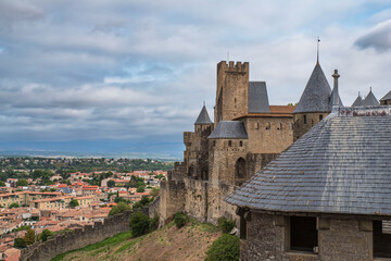 Fototapeta na wymiar Architecture of the Citadel in the town of Carcassonne in the south of France 