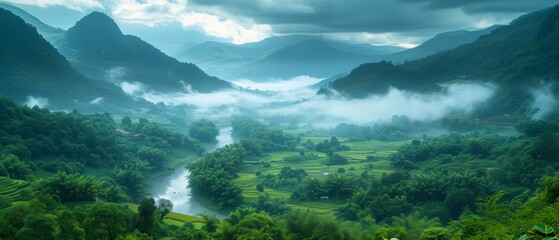 clouds over a luscious mountain valley