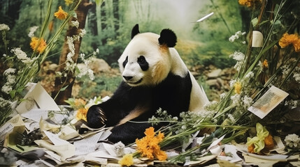 mood board collage in nature summer style, panda animals, scraps of paper.different prints of...