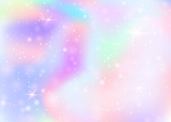 Fairy background with rainbow mesh.  Trendy universe banner in princess colors. Fantasy gradient backdrop with hologram. Holographic fairy background with magic sparkles, stars and blurs.