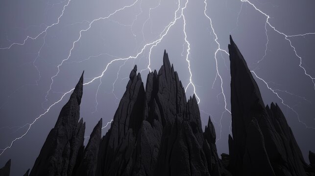  a bunch of lightning strikes in the sky over a mountain range in a black and white photo with a dark sky in the background.