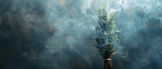 Mystical Smoke Dance from a Healing Herb Bundle. Concept Mystical, Smoke, Dance, Healing Herb Bundle - obrazy, fototapety, plakaty