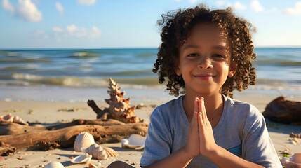 Portrait of a child meditating with her eyes closed on the beach