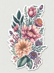 a sticker design with hand drawn watercolor flowers and leaves