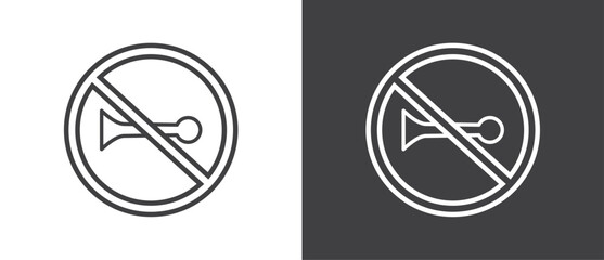 Icon of No Trumpet and horn, Vector illustration of  crossed out circular no traffic sign with trumpet icon inside. No horn symbol. No loud sound symbol icon in black and white background.