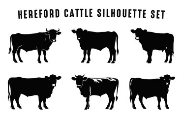 Hereford Cattle Silhouettes Vector Set, Hereford Cow Silhouette black Clipart Bundle