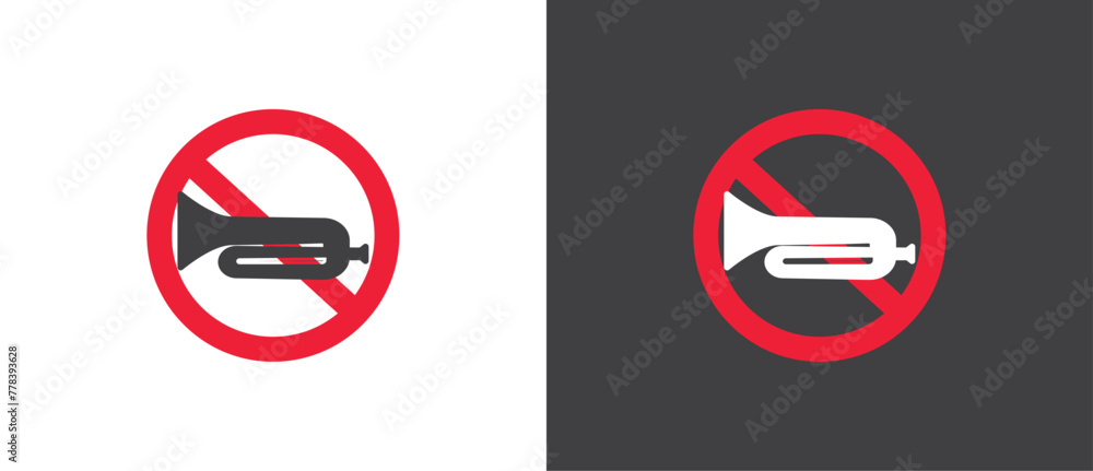 Canvas Prints Red Icon of No Trumpet and horn, Vector illustration of  crossed out circular no traffic sign with trumpet icon inside. No horn symbol. No loud sound symbol icon in black and white background.