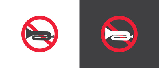 Red Icon of No Trumpet and horn, Vector illustration of  crossed out circular no traffic sign with trumpet icon inside. No horn symbol. No loud sound symbol icon in black and white background.