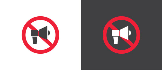 No Horn Traffic Icon, Vector illustration of red crossed out circular no traffic sign with sound icon inside. No horn symbol. No loud sound symbol icon in black and white background.