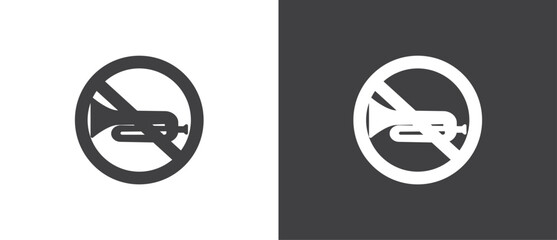 Flat Icon of No Trumpet and horn, Vector illustration of  crossed out circular no traffic sign with trumpet icon inside. No horn symbol. No loud sound symbol icon in black and white background.