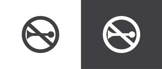 Flat Icon of No Trumpet and horn, Vector illustration of crossed out circular no traffic sign with trumpet icon inside. No horn symbol. No loud sound symbol icon in black and white background. - obrazy, fototapety, plakaty