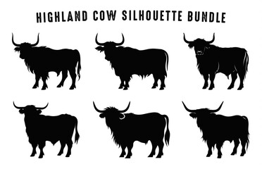 Highland Cattle Silhouette Vector Bundle, Highland Cow black Silhouettes Set