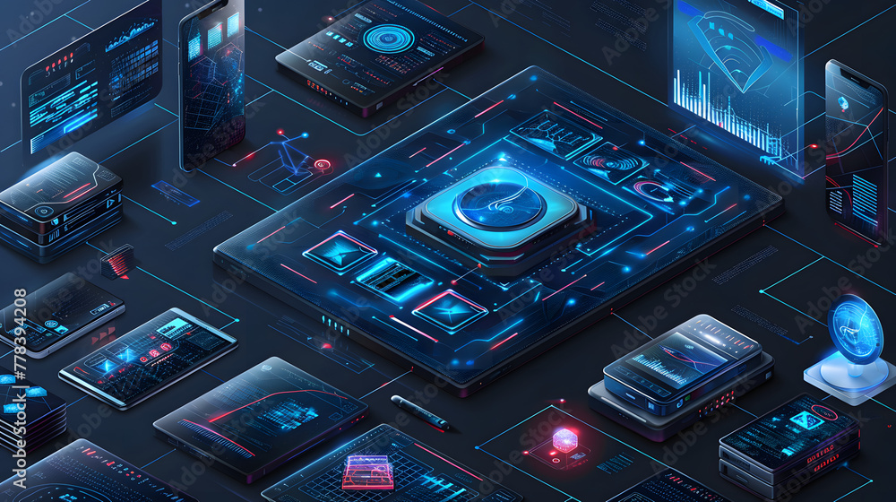 Aufkleber an isometric view of an ai system surrounded by various digital devices
