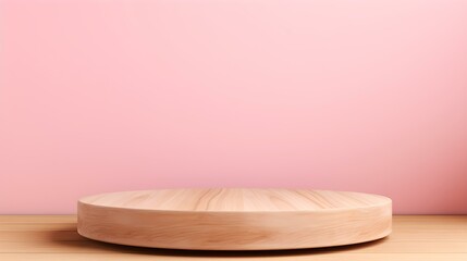 Fototapeta na wymiar Close up of a round wooden Pedestal for Product Presentation. Empty light pink Showroom