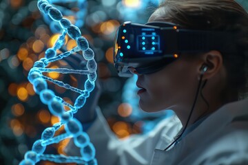 Woman wearing an AR headset interacting with a holographic DNA structure. Bound by the laws of science, the scientist redefines the boundaries of possibility in the virtual realm.