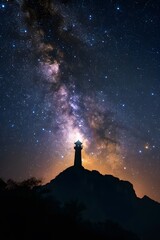 a lighthouse on a hill with stars in the sky