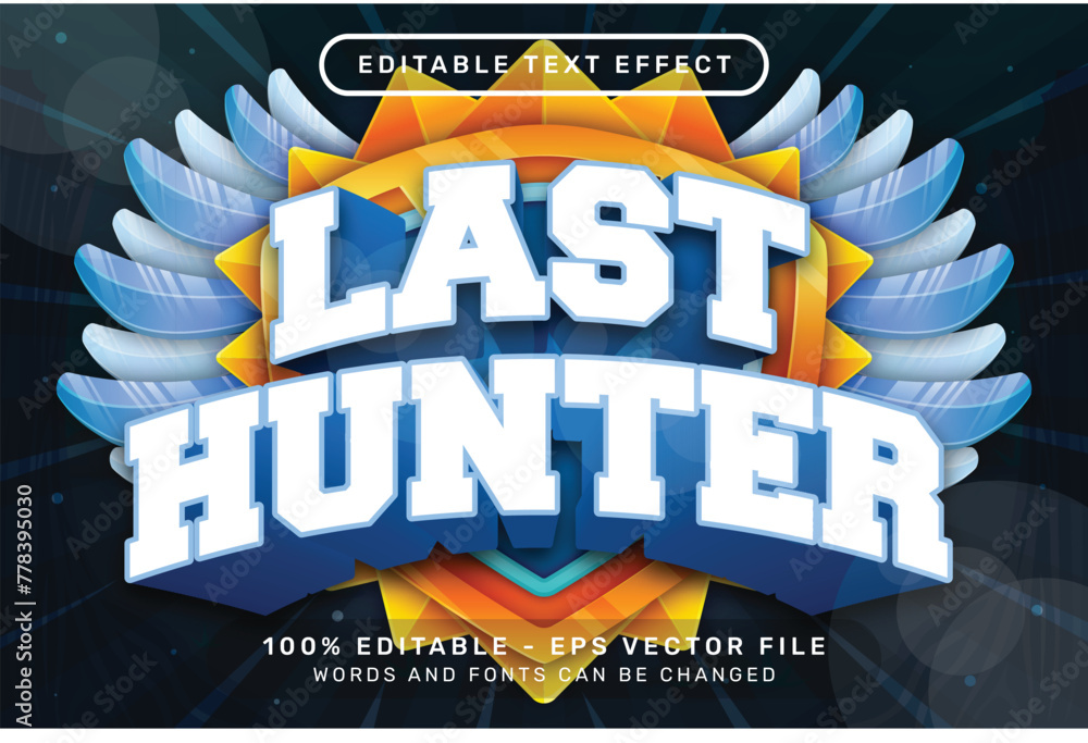 Poster last hunter 3d text effect and editable text effect with shield and wings illustration