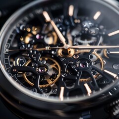 Closeup view of a luxury wristwatch mechanism, highlighting the precision gears and hands