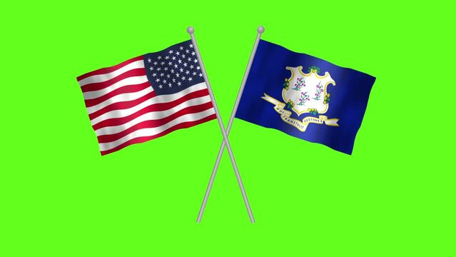 Flag of Connecticut And USA, Cross table flag of Connecticut and USA on Green screen chroma key, USA States Connecticut 3D Animation flag waving in the wind isolated on Green Background.
