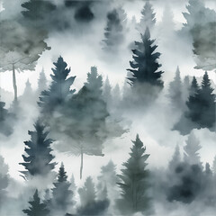 Misty mountain forest with evergreen trees peeking through the fog