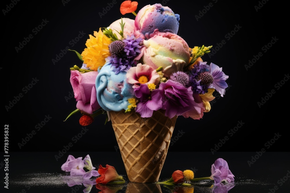 Poster an ice cream cone overflowing with various vibrant flowers, creating a unique and eye-catching displ