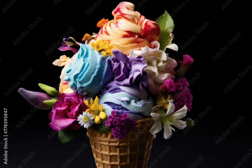 Poster an ice cream cone is filled with a variety of vibrant and colorful flowers, creating a unique and ey