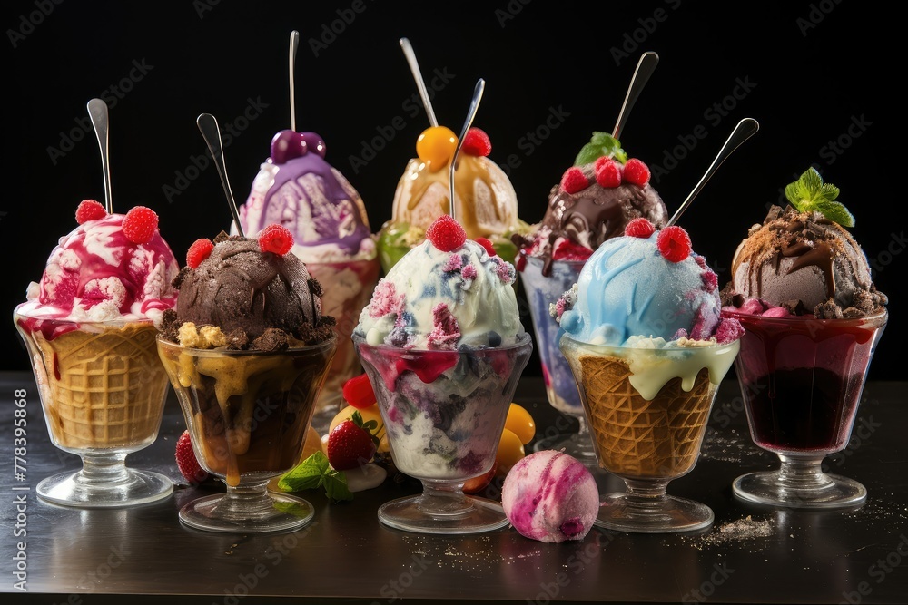 Poster a collection of mouthwatering ice cream sundaes arranged neatly on a table, ready to be enjoyed. gen