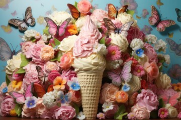 An ice cream cone stands amidst a cluster of colorful flowers and fluttering butterflies. Generative AI