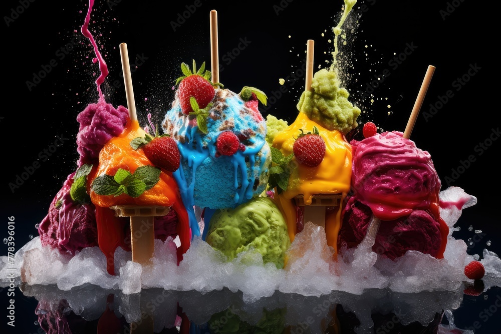 Poster a variety of colorful ice creams topped with fresh strawberries and raspberries, creating a visually