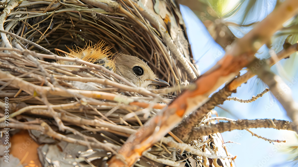 Aufkleber close-up of a bird in a nest on a tree