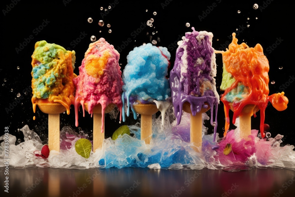 Poster assorted pops with vibrant ice cream flavors in different hues, creating a colorful display. generat