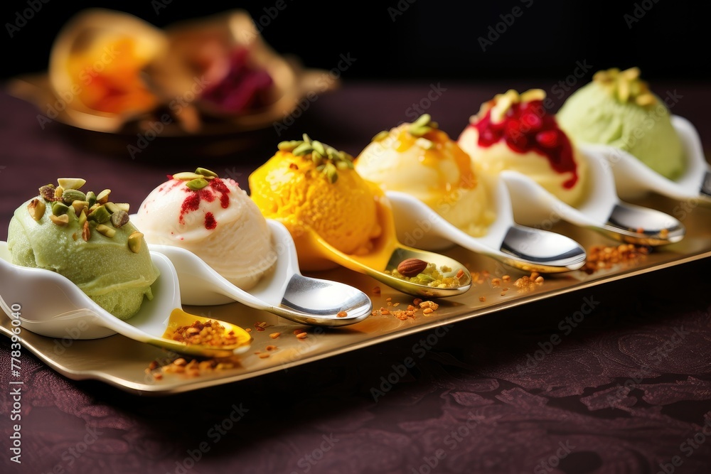 Poster multiple spoons arranged in a row filled with various flavors of ice cream, including kulfi, creatin