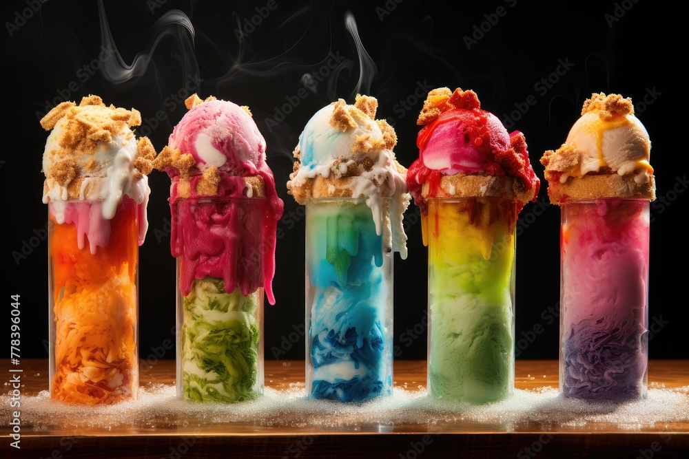 Poster a row of colorful ice creams with various flavors lined up neatly on a counter. generative ai