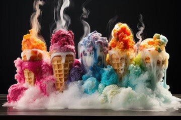 A group of ice cream cones surrounded by vibrant colored smoke, creating a visually striking scene. Generative AI - Powered by Adobe