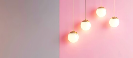 Four wooden lights hang from the ceiling in a room with peach walls. The soft magenta tints and shades create a cozy atmosphere resembling a liquid circle in macro photography