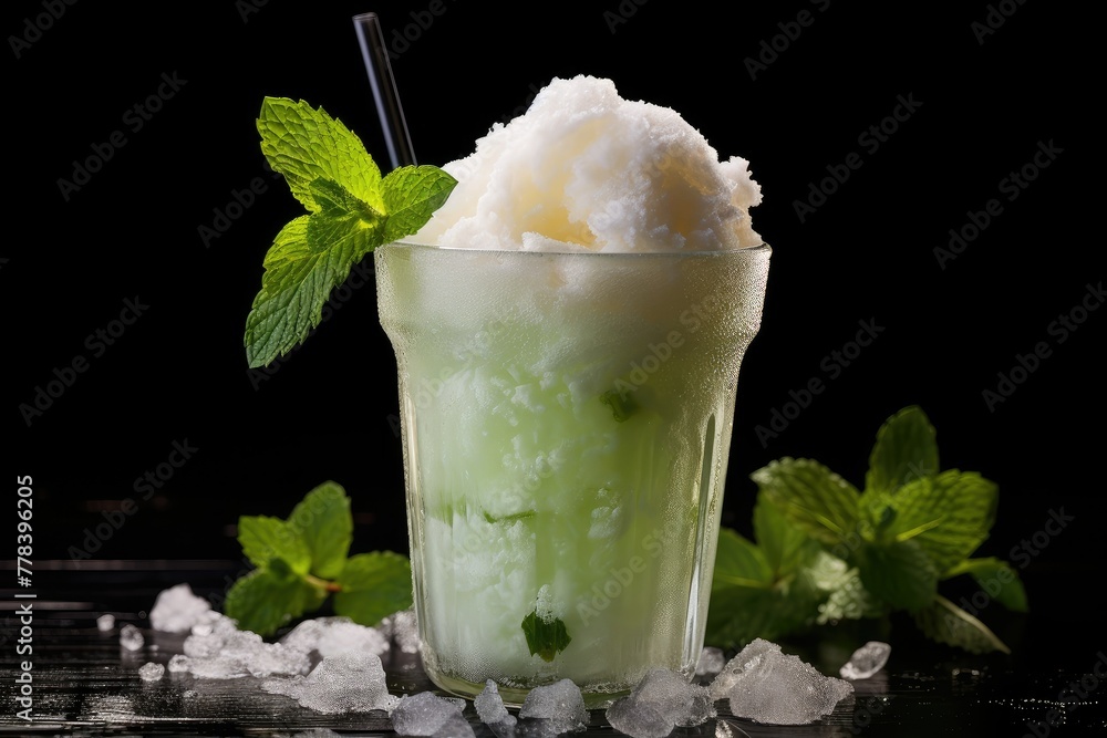 Poster a green drink served with ice cubes and a sprig of fresh mint on top, creating a refreshing and revi