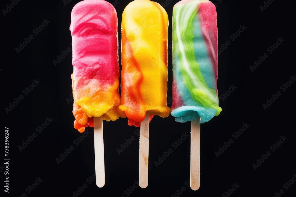 Poster three vibrant popsicles with sticks displayed against a black background. generative ai