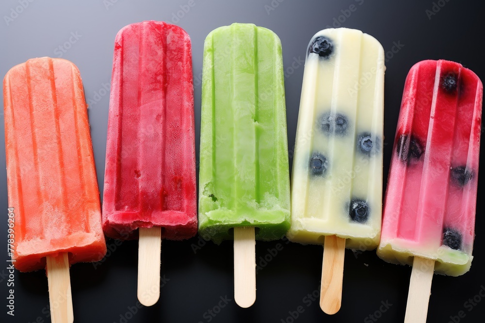 Poster four stick ice cream popsicles are neatly lined up in a row on a flat surface. generative ai