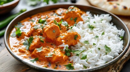 A vibrant bowl of traditional Indian curry, with fragrant spices, tender chicken or vegetables, and creamy coconut milk, served with fluffy basmati 