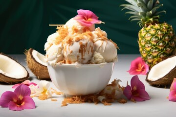 A bowl filled with creamy ice cream sits next to a fresh pineapple, creating a tropical dessert. Generative AI