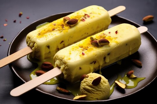 Two stick kulfi ice creams placed on a plate, accompanied by two spoons. Generative AI